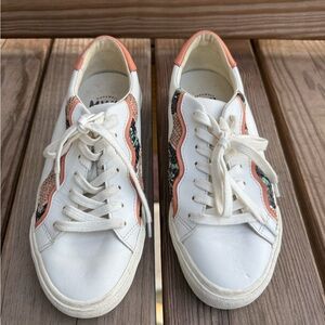 Madewell Sidewalk White and Orange Low Top Sneakers with Snakeskin Detail
